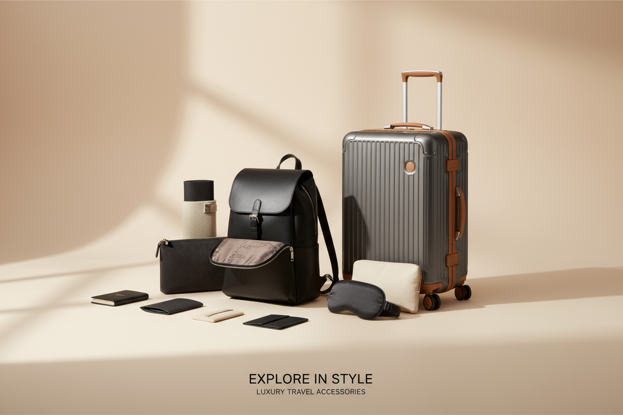 “Imagen mostrando mochilas, maletas y accesorios de viaje de lujo, estilo minimalista y elegante, colores neutros como negro, gris y beige, iluminación suave y sofisticada, transmitir exclusividad y calidad premium, fondo limpio, generar en alta resolución y calidad profesional, detalles nítidos y realistas, ideal para tienda online de productos de lujo.”